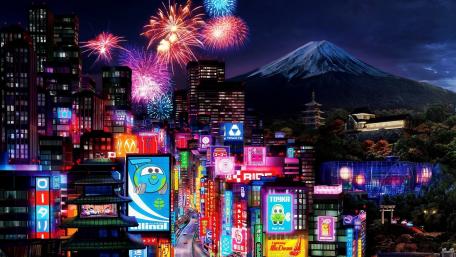 Vibrant Cityscape with Fireworks and Mountain View wallpaper