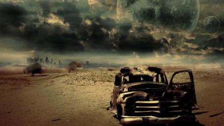 Abandoned Car in an Otherworldly Landscape wallpaper