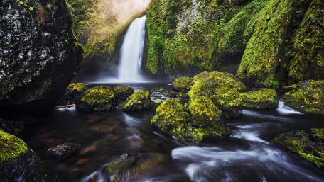 Serene Mossy Waterfall Landscape wallpaper