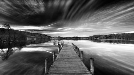 Serene Reflections on a Black and White Lake Shore wallpaper