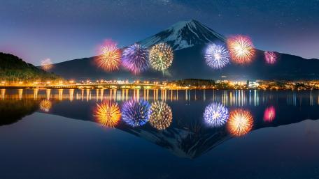 Majestic Fireworks Over Mount Fuji Nightscape wallpaper