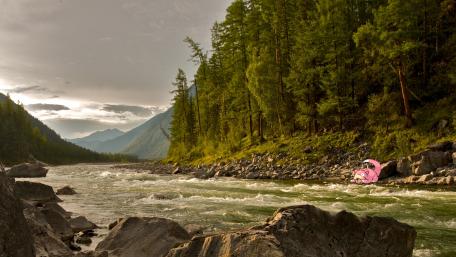 Serene River Amidst Lush Greenery with Playful Character wallpaper