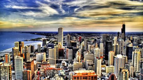 Vibrant Skyline Overlooking a Bustling Cityscape wallpaper
