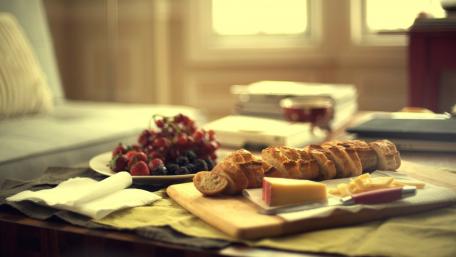 Delicious Breakfast Spread with Fresh Fruits and Cheese wallpaper