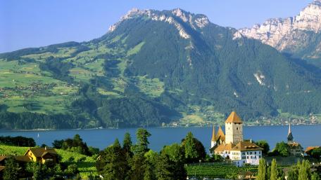 Serene Swiss Landscape with Castle and Mountains wallpaper