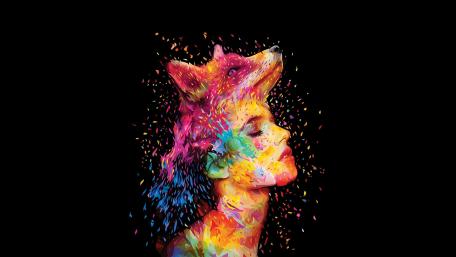 Vibrant Fusion of Woman and Fox wallpaper