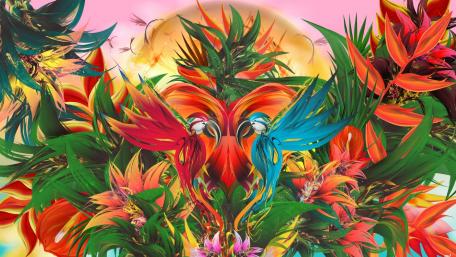 Vibrant Tropical Paradise with Colorful Birds wallpaper