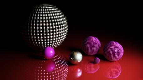 Dynamic 3D Spheres in a Dreamy Landscape wallpaper