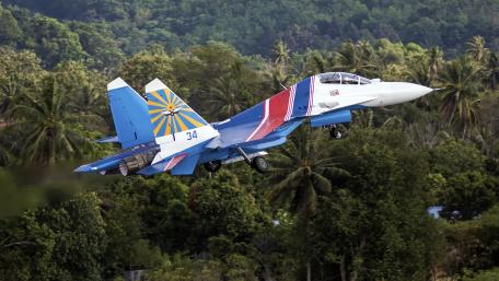 Sleek Military Jet in Action over Lush Landscape wallpaper