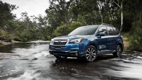 Sleek Subaru SUV in Serene Nature Setting wallpaper