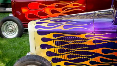 Vibrant Classic Cars with Flame Designs wallpaper