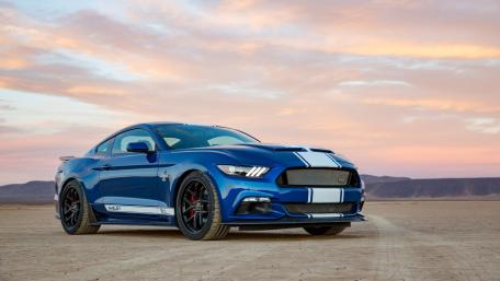 Blue Mustang in Desert Sunset Glow wallpaper