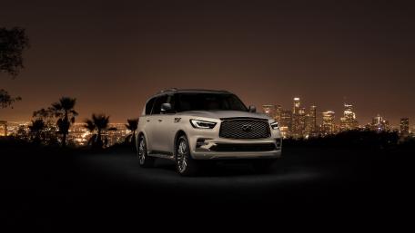 Sleek SUV Against a City Skyline Night View wallpaper