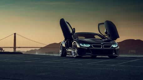 Sleek BMW i8 Against a Sunset Backdrop wallpaper