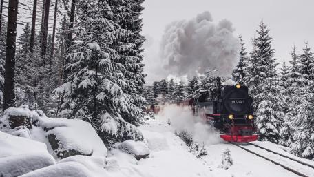 Winter Wonderland Train Journey In Snowy Forest wallpaper
