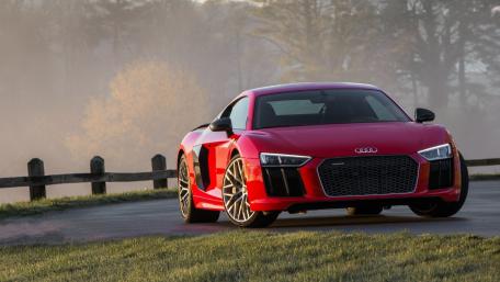 Sleek Red Audi R8 in Morning Fog wallpaper
