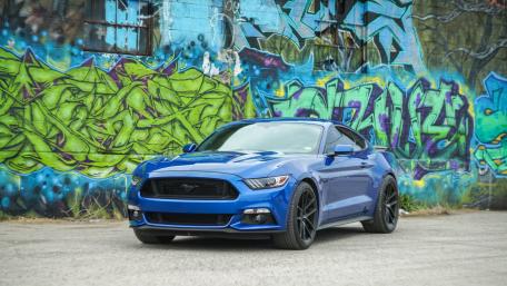 Bold Blue Mustang Against Urban Graffiti Background wallpaper