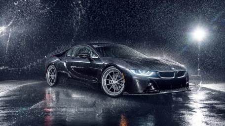 Sleek BMW i8 in Rainy Night Setting wallpaper