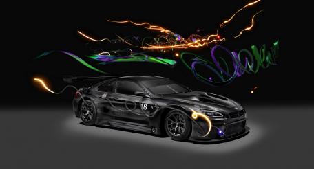 Sleek Black Car with Vibrant Light Trails wallpaper