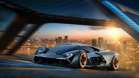 Futuristic Supercar Against Cityscape at Sunset wallpaper