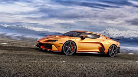 Vibrant Supercar in Motion Across Scenic Landscape wallpaper