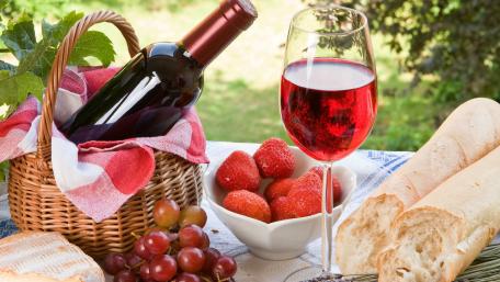 Wine and Bounty of Fresh Fruits and Bread wallpaper