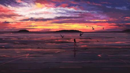 Girl dancing with flying birds at sunset wallpaper