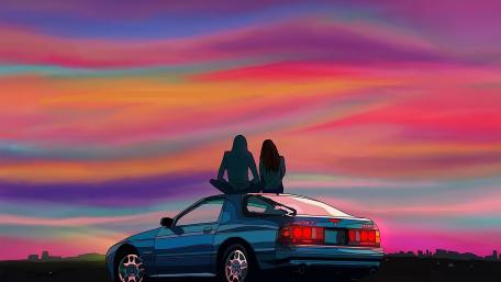 Couple Sitting On Car Evening Talks wallpaper