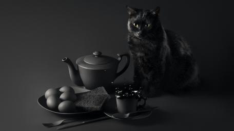 Monochrome Breakfast with a Black Cat wallpaper