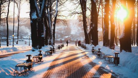 Winter Pathway in the City Park at Sunset wallpaper