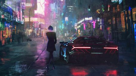 Neon Soaked Streets in Cyberpunk City wallpaper