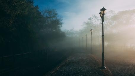 Mystical Foggy Street Scene in the City wallpaper