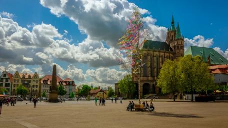 Vibrant City Square with Historic Architecture and Lush Trees wallpaper