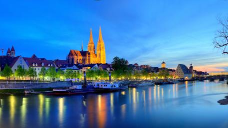 Majestic Cathedral by the River at Dusk in Germany wallpaper