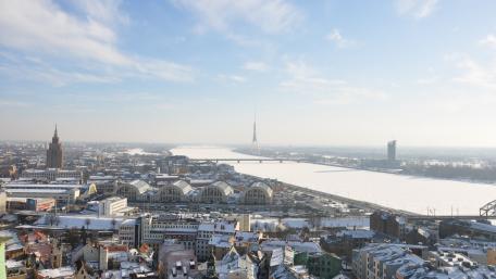 Winter Cityscape Over Frozen River wallpaper