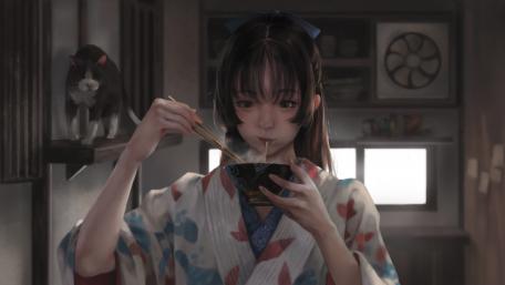Japanese anime girl eating noodles art wallpaper
