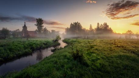 Serene Morning Glow Over Misty Meadow wallpaper
