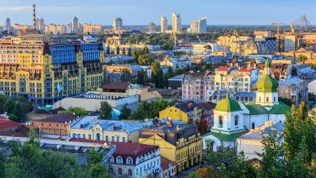 Stunning Podilskyi Skyline in Kiev's Vibrant Cityscape wallpaper