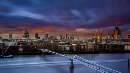 London Skyline at Dusk with Millennium Bridge and St. Paul Cathedral wallpaper