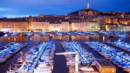 Glowing Harbor at Dusk in Marseille wallpaper