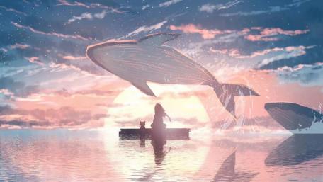 Whimsical Whales and Sunset Silhouettes wallpaper