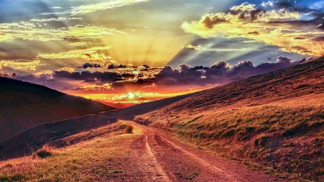 Golden Sunbeam on Serene Dirt Road at Sunset wallpaper