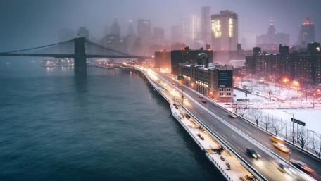Winter Commute by the City River wallpaper