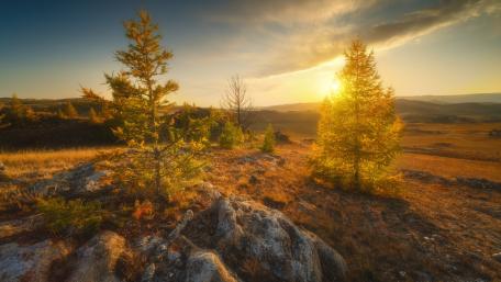 Golden Sunrise Over Serene Wilderness Landscape wallpaper