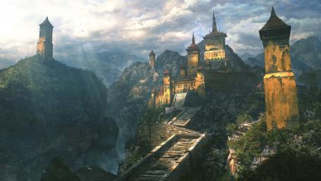 Castle in the Mountainous Fantasy Realm wallpaper