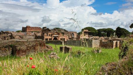 Ancient Ruins in a Lush Landscape wallpaper