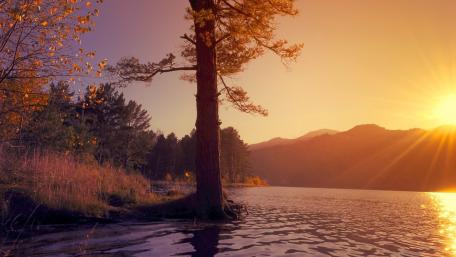 Serene Sunset Over Tranquil Lake wallpaper