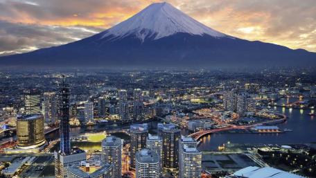 Majestic Cityscape with Mount Fuji at Sunset wallpaper
