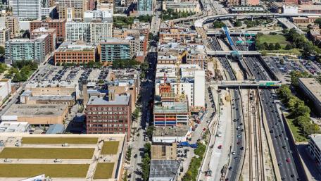 Vibrant Aerial View of Chicago Cityscape and Roads wallpaper