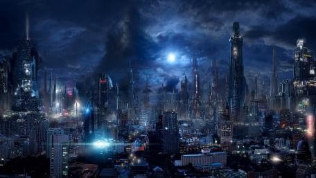 Futuristic Metropolis Under a Moonlit Sky wallpaper